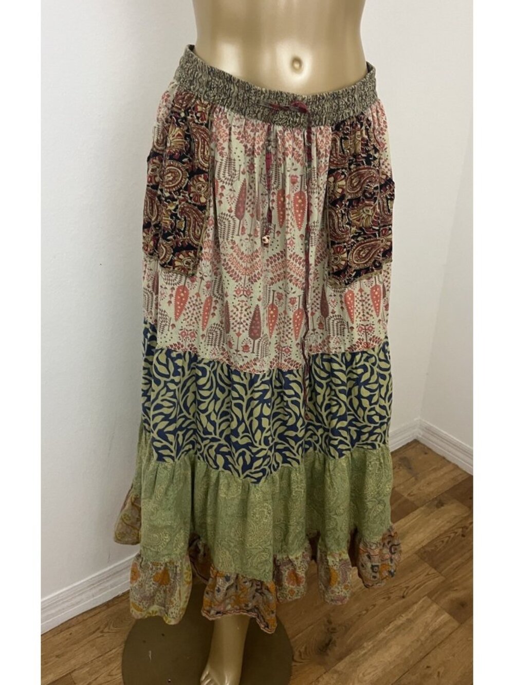 Hippie Forever Women's Free Size OS Patchwork Skirt Tiered Midi Length Pockets